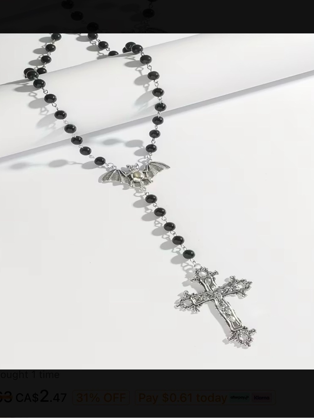 ⭐️ Silver Tone Cross & Bat Rosary Style Necklace with Black Beads